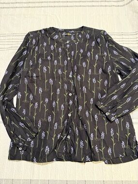 Black Hemp Floral Button-Up Blouse with Lavender Sprig Print